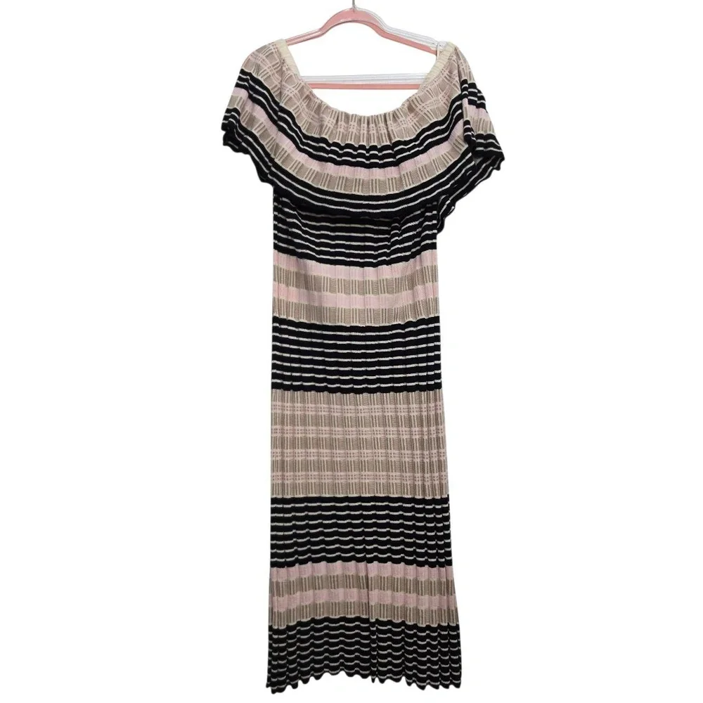 Free‎ People Midi Dress Large Black Beige Striped Off-Shoulder Ruffle Knit